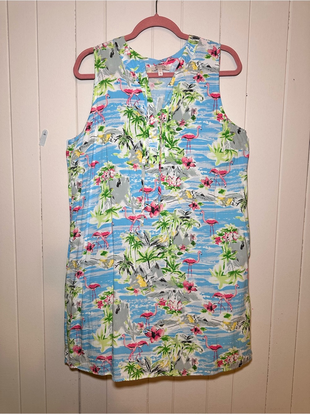 Sleeveless Tropical Flamingo Print Dress - Blue